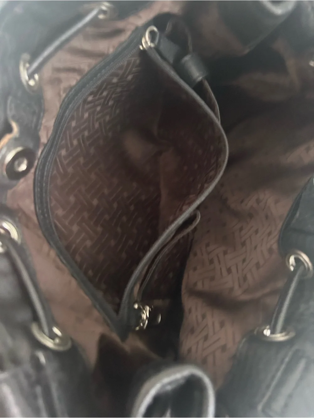 Cole Haan Black Pebbled Leather Bucket Bag Drawstring Tassel Braided Handle Tote